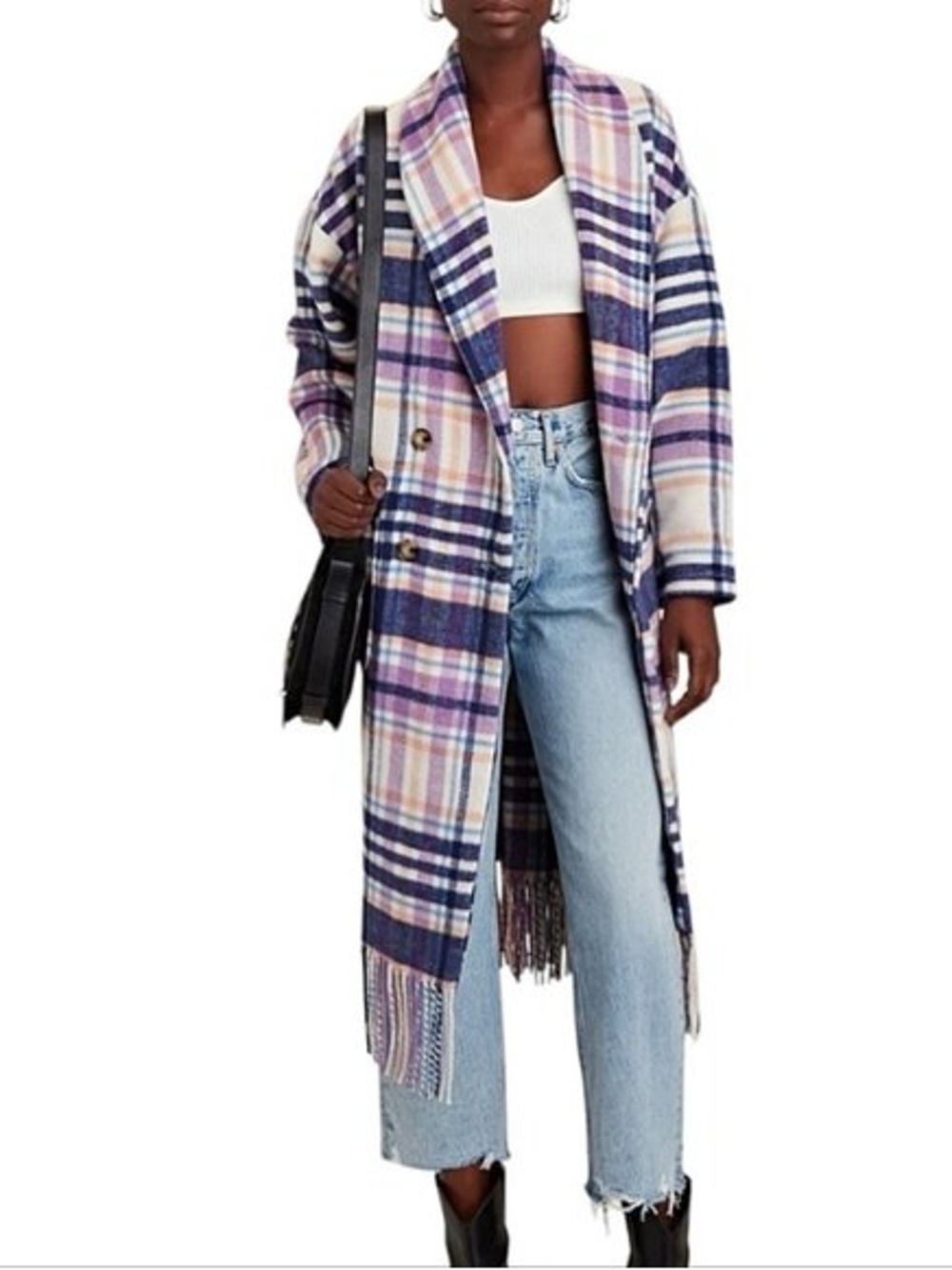 Xirena Plaid Print Fringe Trim Long Coat